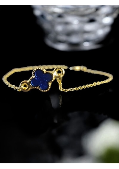 Feron Accessories Gold Renk Minimal Mavi Yonca Bileklik Gold