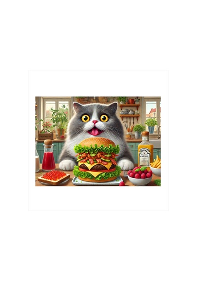 Kedi Ve Dev Hamburger Dekoratif Mdf Tablo