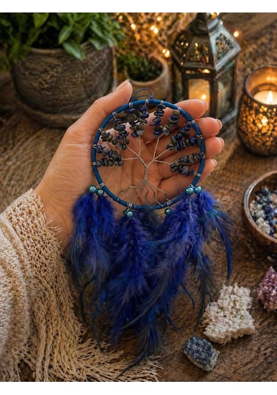 Düş Kapanı Doğal Taşlı Hayat Ağacı Sodalit Taşlı Mavi Dreamcatcher Duvar Süsü Rüya Kapanı