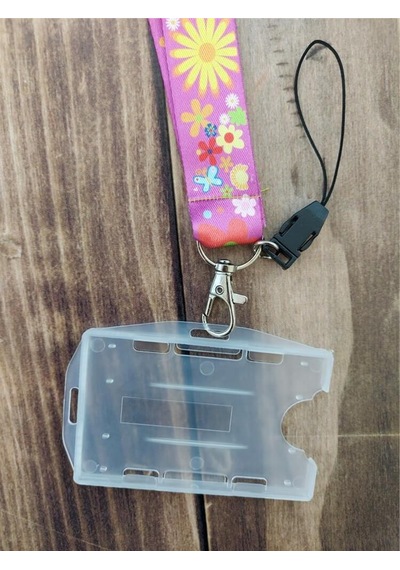Kır Çiçekleri Pembe Kart Askısı Yaka Kartı Boyun Askı İpi Telefon Askısı Yatay Dikey Kart Koruyucu
