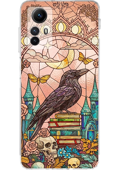 Printify Redmi Note 12s İle Uyumlu Vitray Bilge Kuzgun Tasarımlı Şeffaf Silikon Kılıf Şeffaf
