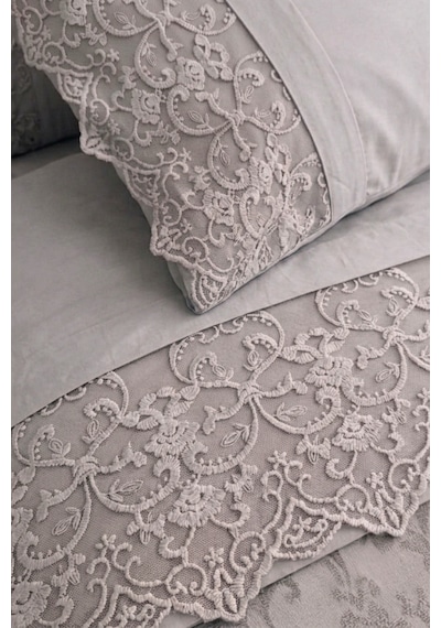 Battal Boy 6 Parça Pike Takımı - 240x260 Cm Şönil Jakarlı Yatak Örtüsü Seti - Gri Grı