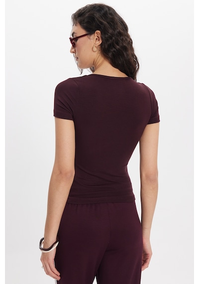 Tudors Kadın Slim Fit Dar Kesim Modal Kumaş Yumuşak Dokulu Pamuklu Kare Yaka Kısa Kollu Mürdüm Tişört-50701