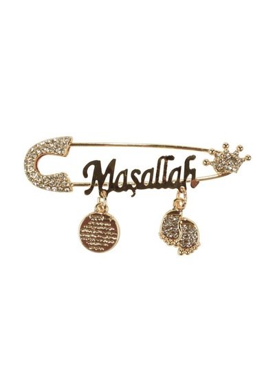 Unisex Beyaz Taşlı Gold Maşallah Yazılı Bebek Yaka İğnesi Çok Renkli