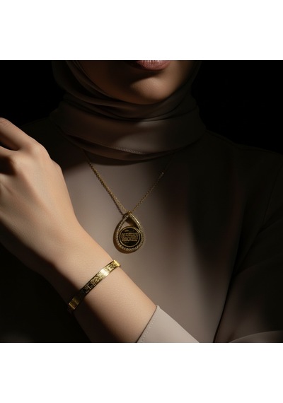 Armut Model Kolye Ve Ayetel Kürsi Bileklik Seti Gold Renk Çelik İslami Takı Altın