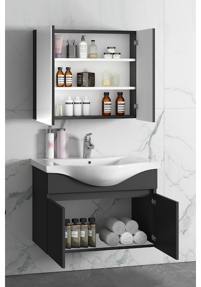 Yıldız 55+35 Cm Antrasit Gri Mdf Sepetli Asma Banyo Dolabı Takımı Antrasit - Gri
