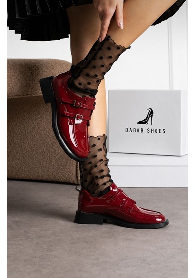 Dabab Shoes Elvan Kadın Bordo Rugan Küt Burun Çift Toka Detaylı Kalın Taban Loafer Ayakkabı