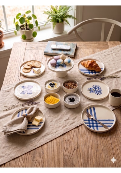Blue Gift 6 Kişilik 11 Parça Seramik Kahvaltı Takımı Mavi Desenli Modern Sunum & Pasta Tabağı Seti Beyaz