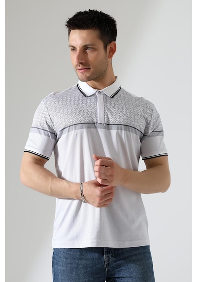 Rıbana Classıc Fermuar Detaylı Desenli Pamuklu Polo Yaka T-shirt Beyaz