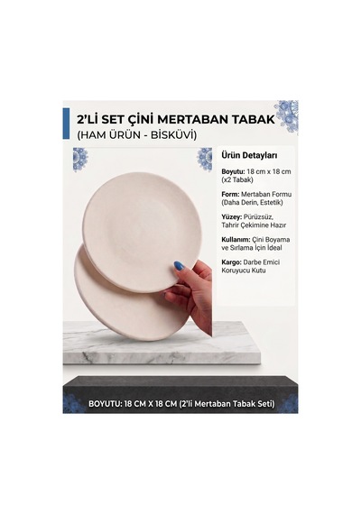 2'li Set - 18 Cm'lik Çini Bisküvi Tabak