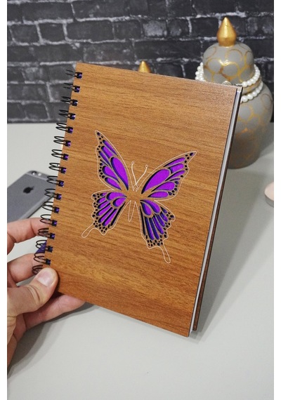 Kelebek Desenli Ahşap Defter - Ajanda - Günlük - Çizgisiz Defter Ahşap Rengi Ceviz Resim Defteri