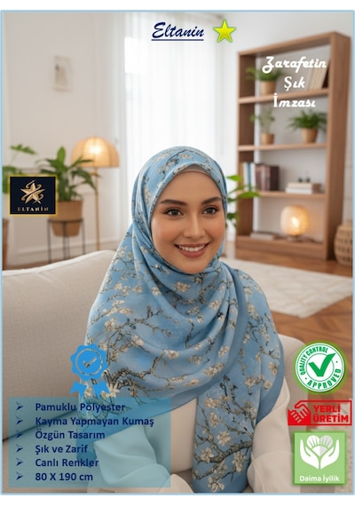Eyfel Pamuklu Soft Özel Seri Şal Etnik & Çiçekli Desen, Orjinal, Tesettür Giyim, Yeni Koleksiyon Mavi