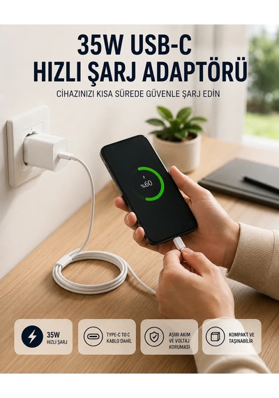Type-c To C Kablolu 35w Hızlı Şarj Başlığı Set Beyaz