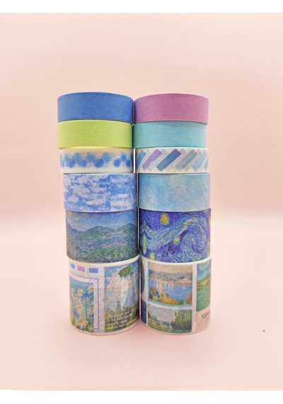 Art Vintage Washi Tape Bant Yapışkanlı Maskeleme Kağıdı Desenli Bant 12'li - Mavi Van Gogh Tabloları 1