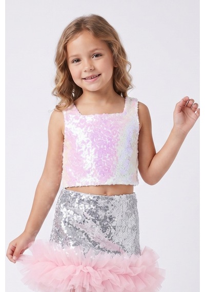 Le Mabelle Beyaz Kare Yakalı Pullu Kız Çocuk Kolsuz Crop Bluz - Cintia Beyaz