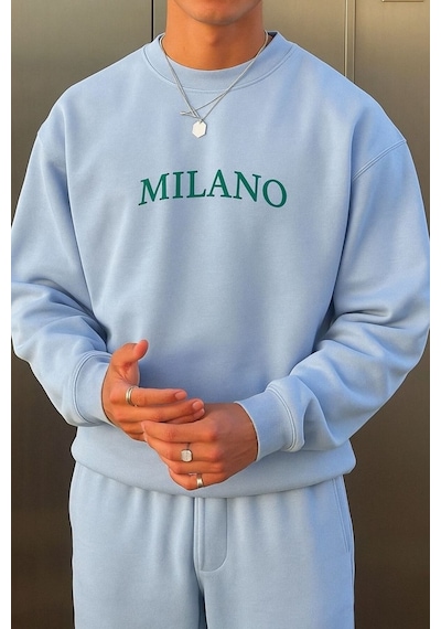 Benroma 3 İplik Penye Milano Baskılı Unisex Sweatshırt Bebe Mavisi