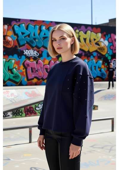 Benerly Kadın Bisiklet Yaka Düşük Kol Oversize %100 Pamuk Sweatshirt Fonk Lacivert