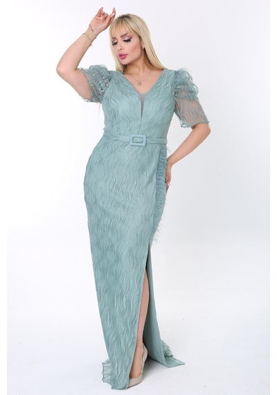 Ladies First Büyük Beden 3442 Küf Yeşili Uzun Abiye Elbise 001