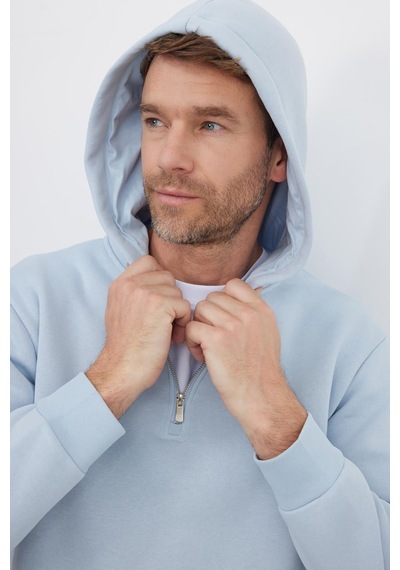 Tudors Unisex Relax Fit Rahat Kesim Pamuklu İçi Polarlı Yarım Fermuarlı Mavi Kapüşonlu Sweatshirt-37029