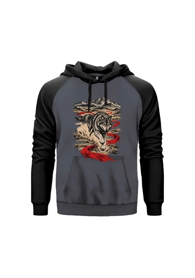 Kızıl Yol Bozkurdu Gri Renk Reglan Kol Sweatshirt Kapşonlu