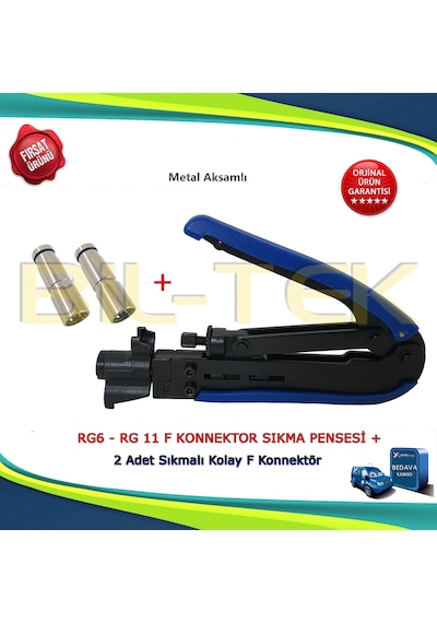 F Konnektör Sıkma Pensesi + 2 Adet Rg6 Sıkmalı Kolay F Konnektör