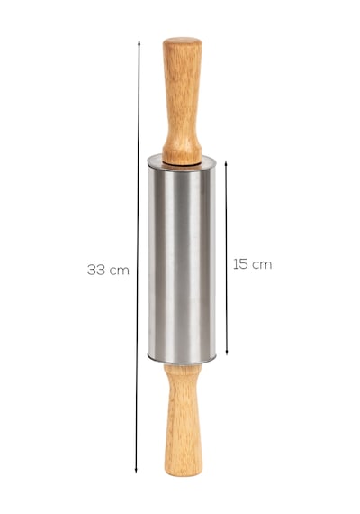 Porsima Mnb05771 Ahşap Saplı Paslanmaz Çelik Merdana Oklava Hamur Pizza Börek Açma Oklava 33cm