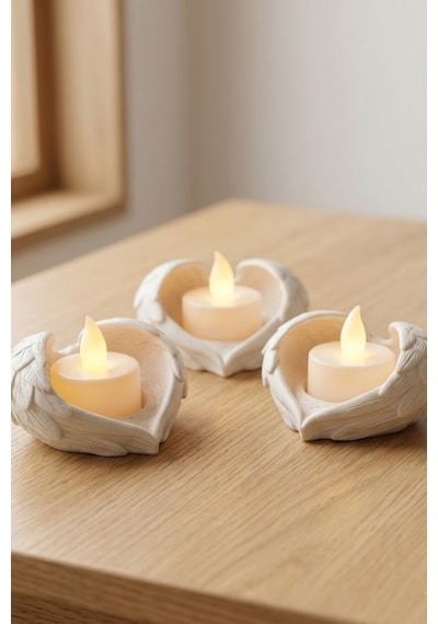 Melek Işığı Seti 3 Lü Melek Kanatlı Led Mum Dekoratif Tealight 8 X 7 Cm Beyaz