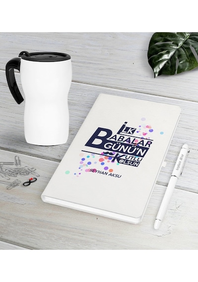 Kişiye Özel İlk Babalar Günün Kutlu Olsun Beyaz Defter Kalem Termos Mug Seti-2