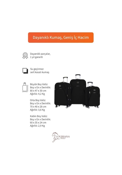 3'lü Valiz Seti 4 Teker Kumaş Valiz Siyah 1081 Siyah