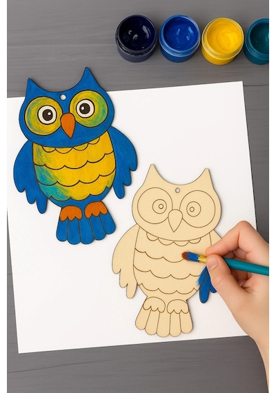 Baykuş 10 Adet Ahşap Boyama Etkinlik Seti Eğitici Çocuk Aktivite + Fırça + Akrilik Boya Kreş Okul