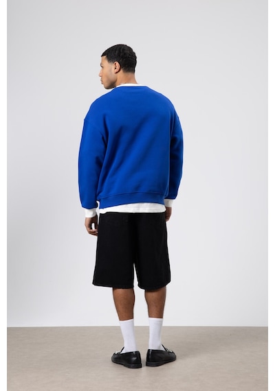 Vamos Oversize Bisiklet Yaka Baskılı Sweatshirt V70-91 Saks Mavi