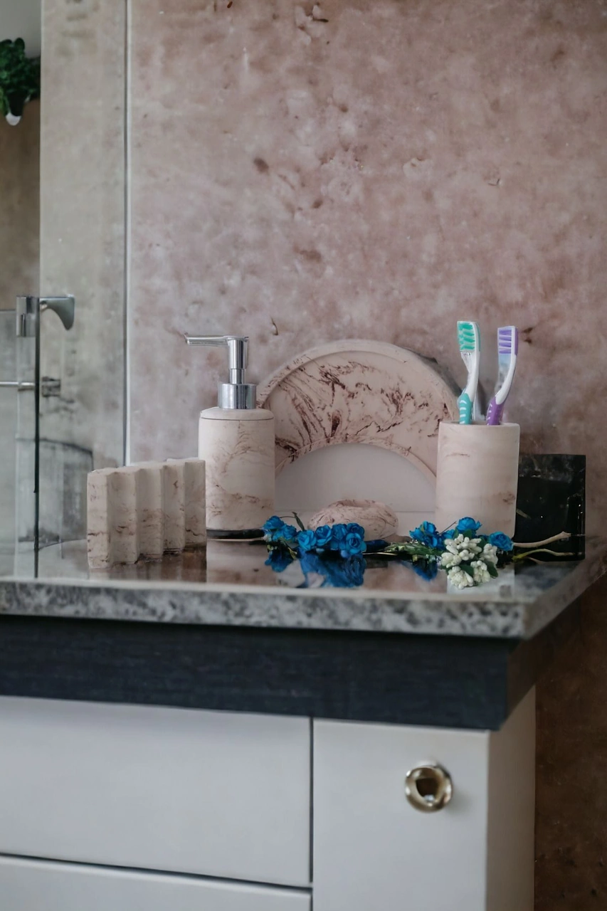 Bej Hilal Tepsili Banyo Seti ,sıvı Sabunluk Diş Fırçalığı Beton Aksesuar Takımı Bej