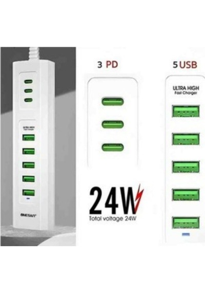 3 Type-c + 5 Usb Girişli 24w Hızlı Şarj Cihazı Çoklu Soket Akım Korumalı Adaptör-1302