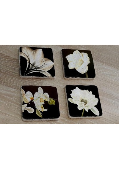 Siyah Zemin Orkide Gerbera Ve Çiçekler Doğal Taş Bardak Altlığı 4'lü Set - Natural Stone Coasters - Taş Siyah