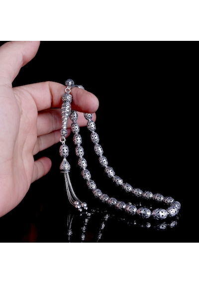 Tesbihsepetim Tamamı 925 Ayar Gümüş Desen Motifli Büyük Boy Tesbih