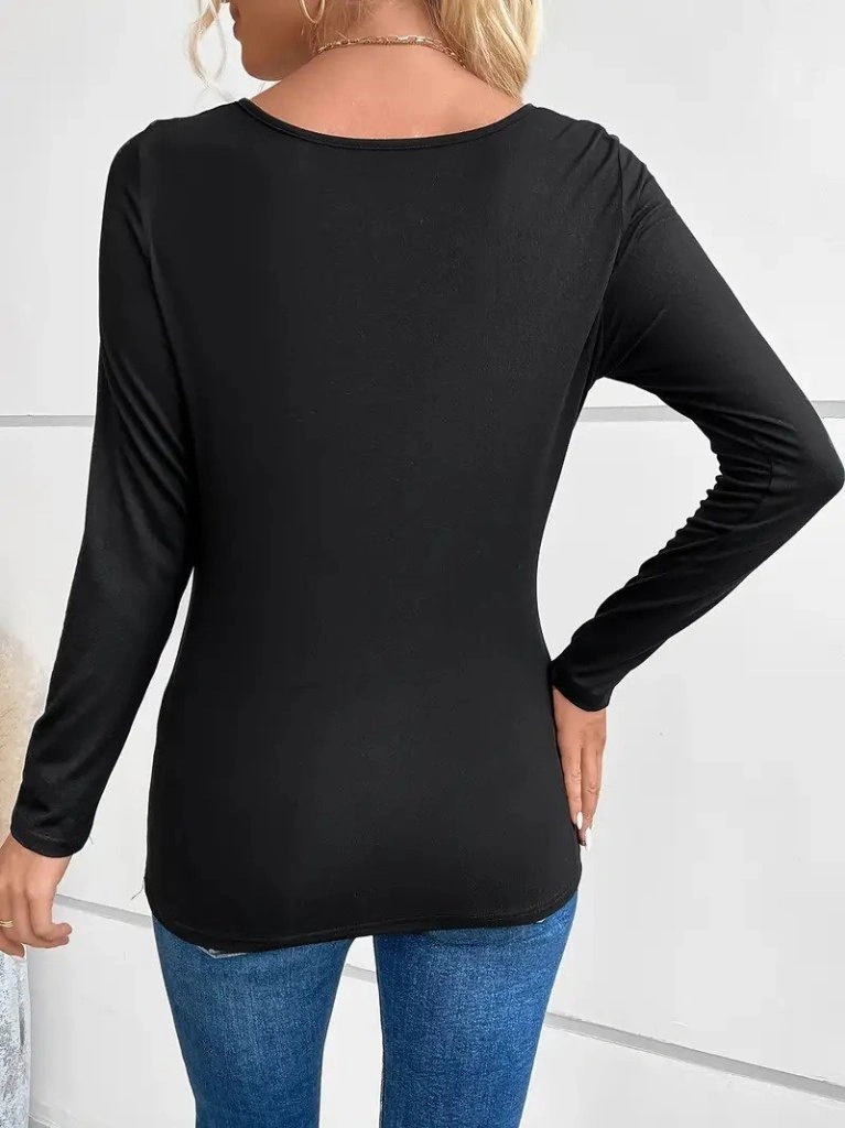 Tua Moda Kadın Uzun Kollu Derin Degaje Yakalı Taşlı Sandy Bluz Siyah