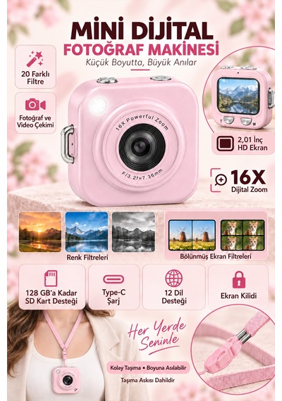 Mimtec Blm-108 Mini Cep Kamera - 2.01" Hd Ekran 1080p Flaşlı Dijital Video Fotoğraf Makinası Pembe