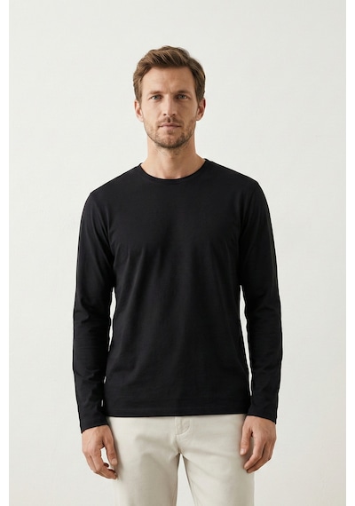 Elemge Pamuk Erkek Süprem Basic T-shirt Compact Penye Tok Kumaş Uzun Kollu Siyah Sporcu Tişört Body 2XL