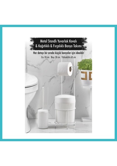 Bezos Metal Standlı Yuvarlak Kovalı & Kağıtlıklı & Fırçalıklı Beyaz Banyo Takımı Dfnbez