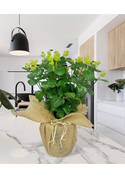 Yapay Çiçek Keten Saksıda Okaliptus Yeşil 12dal 40cm Salon Çiçeği Yapay Bitki Diğer