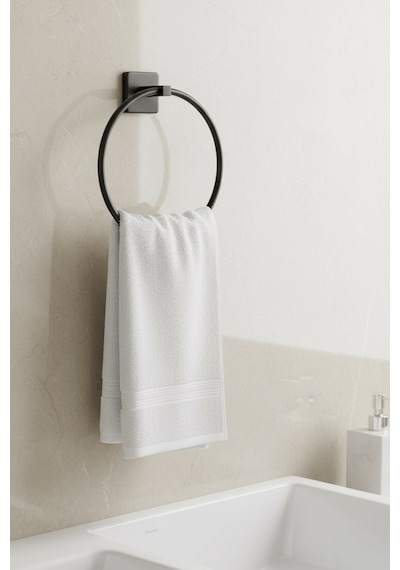 Siyah Yuvarlak Halka Havlu Askılığı Kare Topuzlu, Vidalı Metal Banyo Askısı, Dayanıklı & Şık - S- Diğer