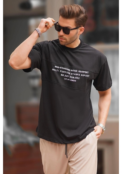 Madmext Siyah Oversize Bisiklet Yaka Baskılı Erkek Tişört 7018-siyah Siyah