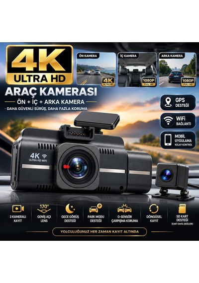 Tr 4k 3 Kameralı Araç İçi Kamera, Ön İç Arka Dash Cam, 4k Ultra Hd Ön Kamera, 1080p İç Ve Arka Kamera, Gps Des