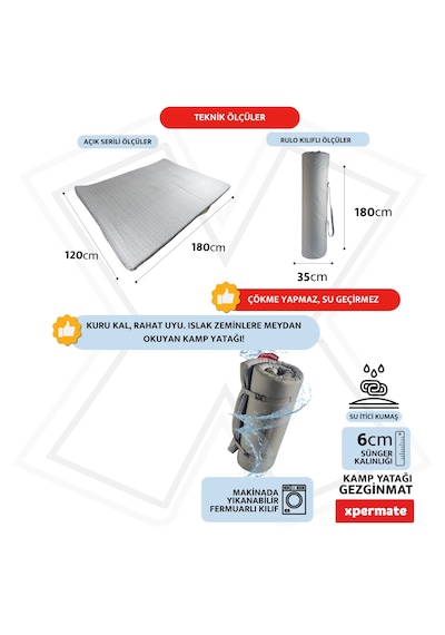 Xpermate Gezginmat Kamp Yatağı Çift Kişilik Taşıma Çantalı Kamp Matı 120 x 180 x 6 CM Antrasit