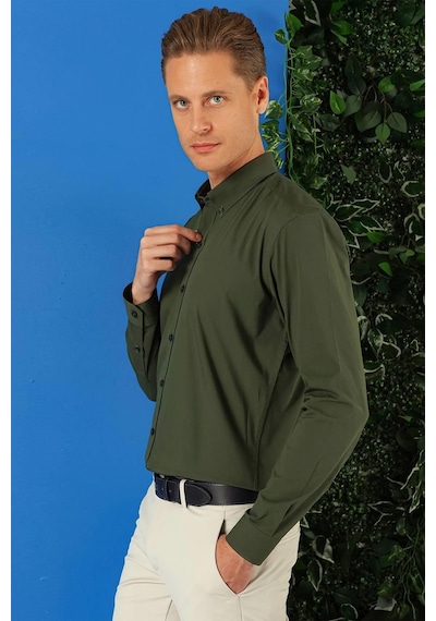 Efor Slim Fit Düğmeli Yaka Pamuklu Klasik Haki Gömlek Gk 715 Haki