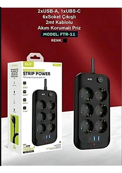 Blic Ftr-11 Termal Akım Korumalı 6 Priz 3 Usb Girişli 2 Metre Uzatma Kablolu Priz 0.2 M