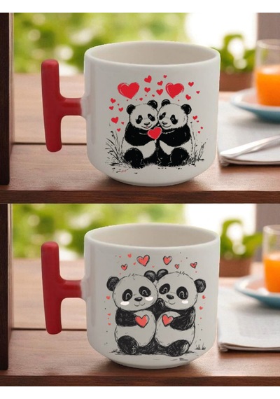 Kalpli Panda Baskılı Latte Kupası - Karne Hediyeleri, Kişiye Özel Hediye Beyaz