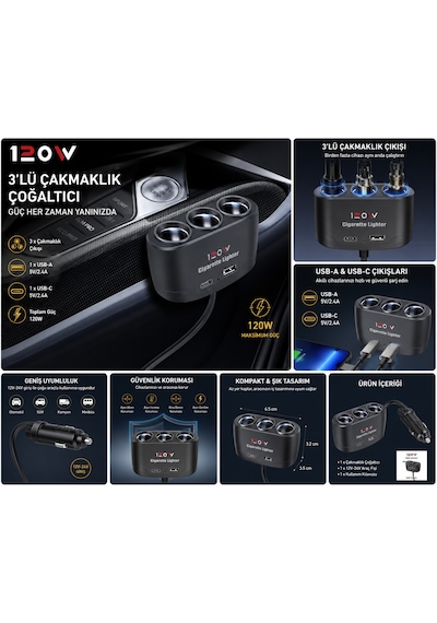 Araç Çakmaklık Çoklayıcı 12 - 24 Volt 3 Lü 1 Adet