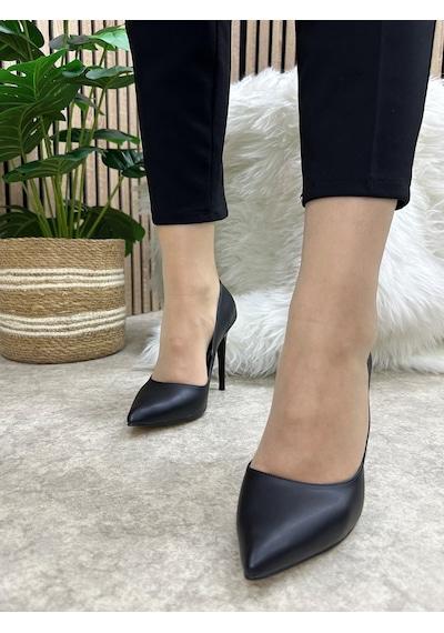Nstil Günlük Kadın Stiletto Sivri Burun Düz Sade Şık Rahat Tırtıklı Taban İnce Topuklu Ayakkabı 289 Siyah
