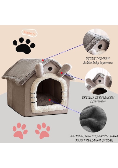 Hpytech Peluş Yumuşak,kedi & Küçük Köpek Evi Kapalı Kulübe Tasarım Sıcak, Konforlu, Yıkanabilir Minderli Evcil Yatak